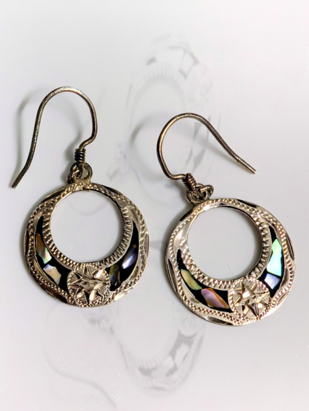 Vintage 925 Sterling Silver & Abalone Inlay Hoop Drop Earrings